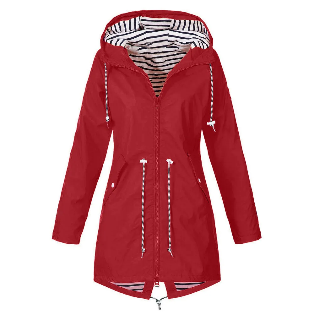Женская однотонная дождевик, уличная толстовка с капюшоном, водонепроницаемое длинное пальто, ветрозащитное пальто большого размера, длинная теплая куртка с капюшоном, плащ#60 - Цвет: Красный
