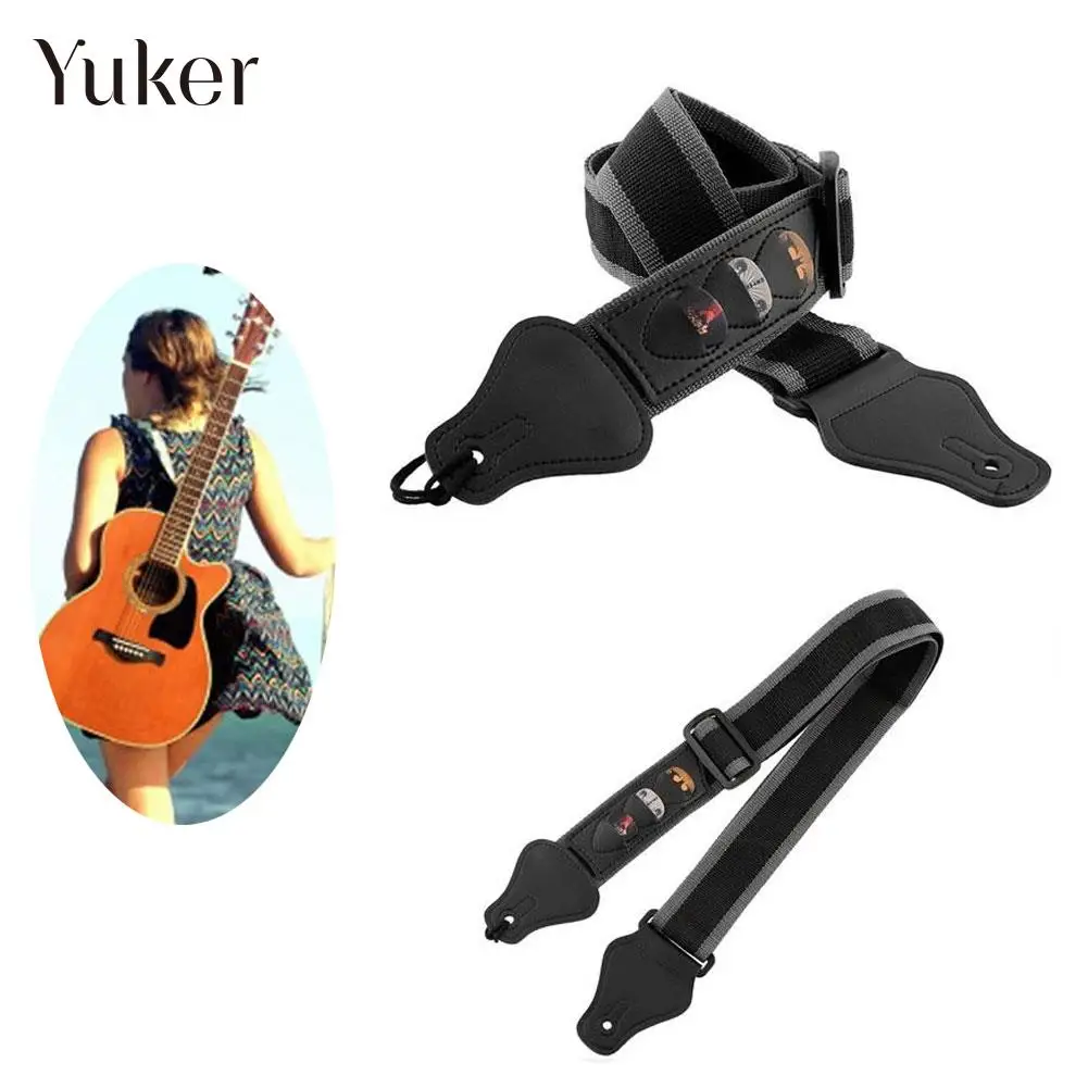 Acoustic Bass Guitar Strap W/3 Pick Holders Leather Ends Multifunction