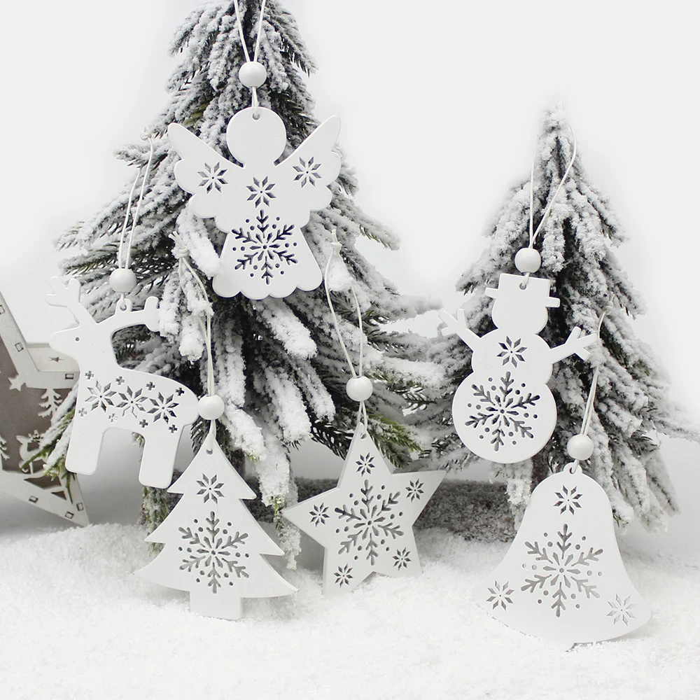 HUADODO Set of 6 Red and White Wooden Tree Deer Snowman Christmas Decorations Pendants Ornaments for Xmas Tree, Home Party, and Kids Gift image 3