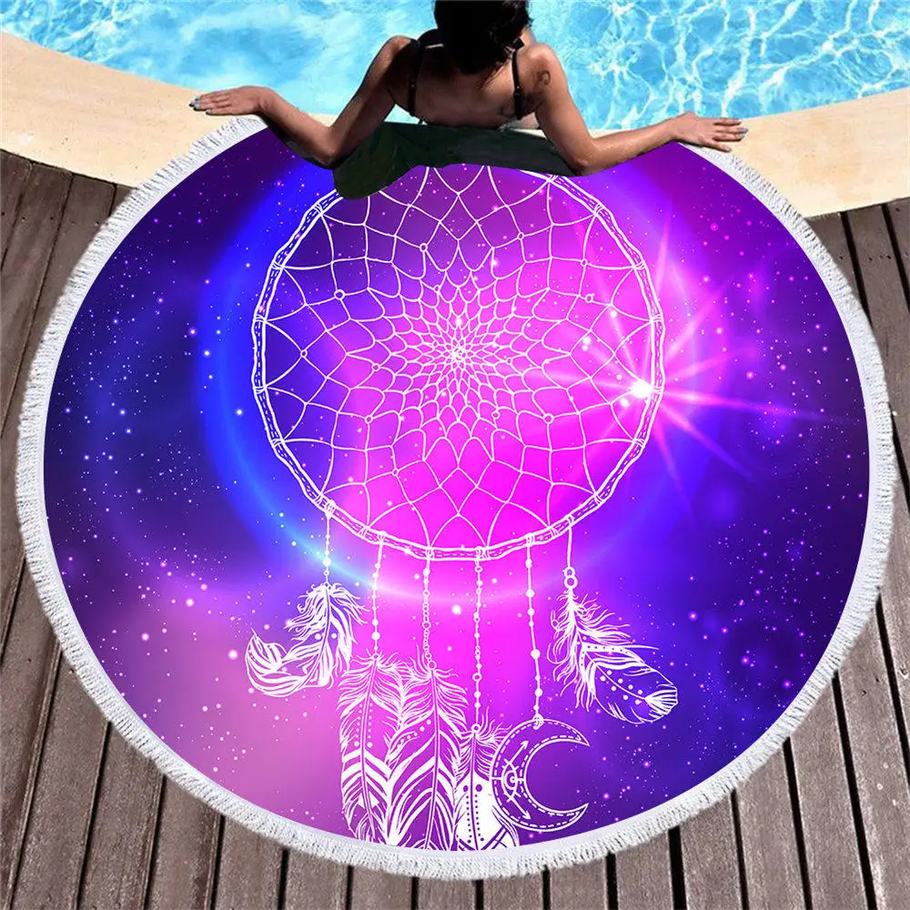 

Purple Dream Catcher Round Beach Towel Colorful Microfiber Beach Towel 150cm Kids Adults Summer Picnic Blanket