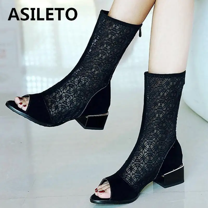 

ASILETO 2019 Spring Summer boots women sandals Peep toe mid heels lace Zipper Casual Shoes suede sandalia mujer botas cut out