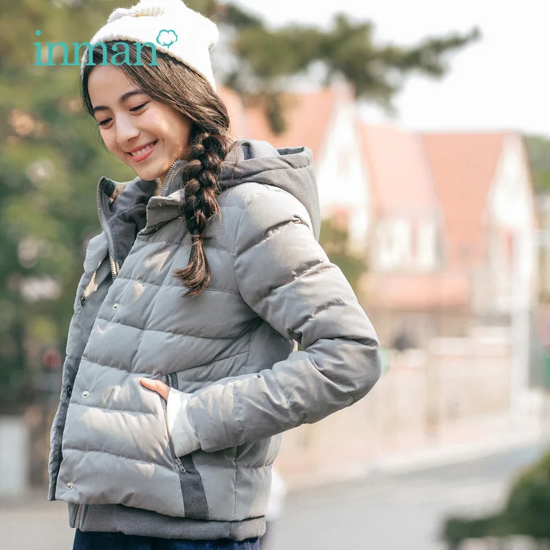 

INMAN Slow Work Nice Good 2019 Winter New Stitching Fake Two Hooded Down Jacket Female Short Down Jacket