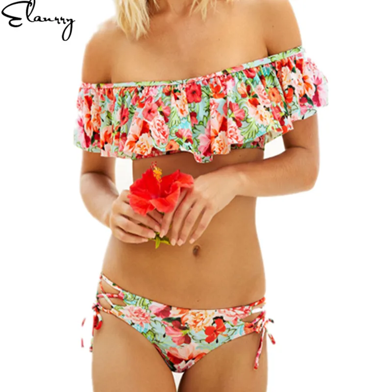 

2019 Mujer Print Floral Women Bikini Set Bandage Backless Bathing Suit Ruffled Padded Two Pieces Female Summer Swimsuit