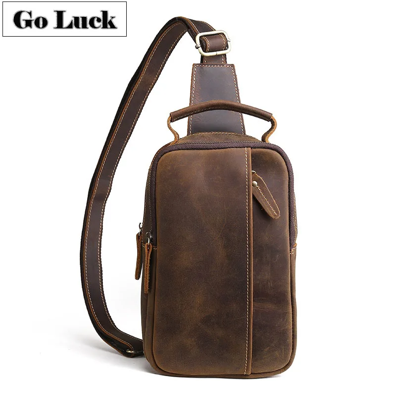 حقيقية مجنون الحصان عارضة حقيبة رافعة الرجال الصدر حزمة الذكور جلد البقر Crossbody حقيبة كتف الرجال حقيبة ساعي ل هاتف محمول