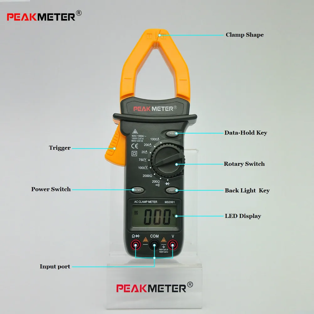 Пиковый измеритель MS2001 Автоматический диапазон постоянного тока переменного тока цифровой клещи частота тест подсветка