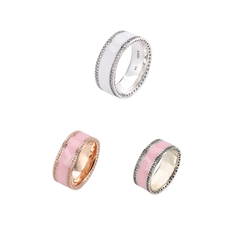 

925 Sterling Silver Epoxy Inlaid Crystal Pink Heart Love Engraved Rings Original Party Fit Women Wedding Rings Jewelry