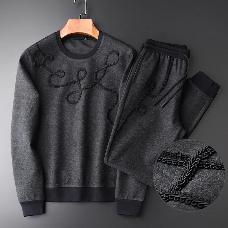

Minglu Sweatshirt Men Luxury Woolen Fashion Hand Knitting Design O-neck Men Sweatshirt 2pcs (sweatshirt+pants) Sport Set 3XL 4XL