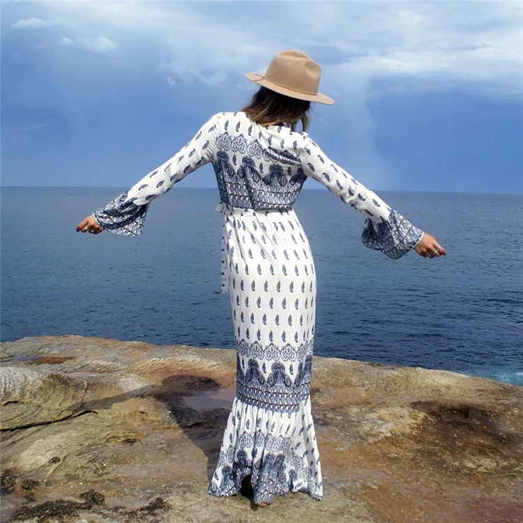 Jessie Vinson богемный стиль бохо печати Сплит Макси платье v-образным вырезом с длинным рукавом размера плюс пляжный сарафан Vestido для женщин