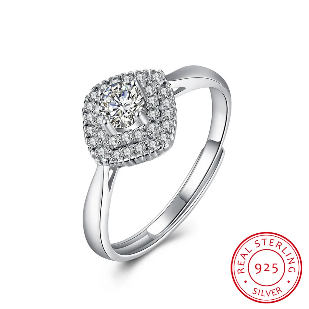 

100% Pure 925 sterling silver jewelry solid round square pendant crystal stone ring for women wedding fine jewelry