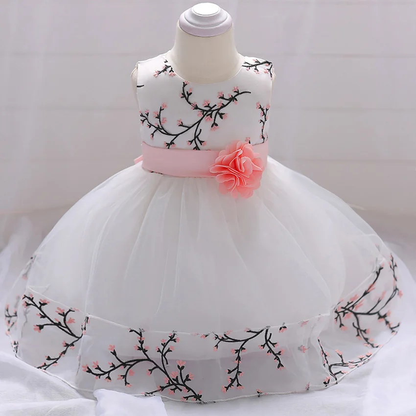 Брендовые кружевные платья для крещения с цветочным принтом и бантом для новорожденных девочек 12 месяцев, 1 год, платья наряды принцессы на крестины для первого дня рождения - Цвет: BL1849XZ White