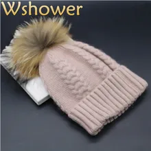 Который в душ реального енота Мех животных помпоном шерстяная зимняя шапка из вязаной норки Мех животных pom мяч Для женщин Hat толстые теплые женский Кепки капот