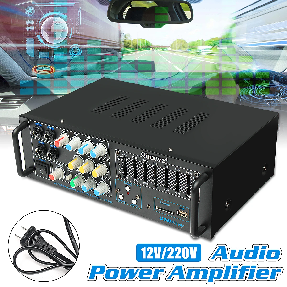 

2CH 1200W Hi-Fi Stereo Audio Power Amplifier Equalizer Digital Reverberation IC support MP3/SD for Car Home 12 / 220 Volts