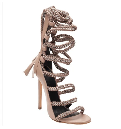 Пикантные женские цепи веревки Сандалии на шнуровке Высокий каблук стилет кисточкой Римские сандалии знаменитости лето на шнуровке цепи Сандалии для девочек - Цвет: as photo