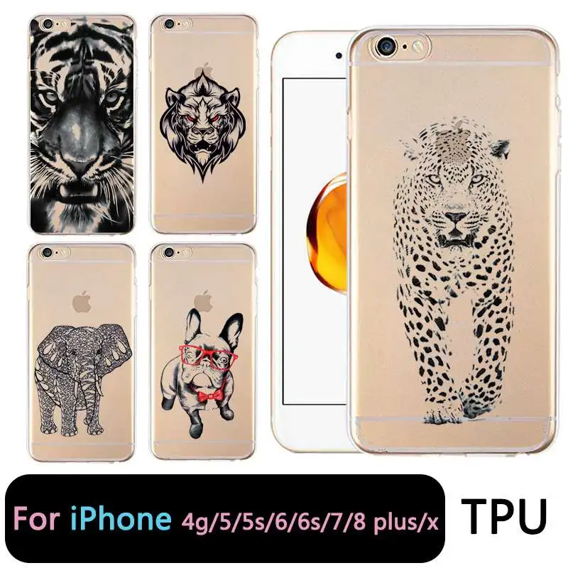 

QMSWEI TPU Clear Phone Case For iPhone 6 6s 7 8plus x Soft Printed Elephant Leopard Dog LionCover Free shipping For iPhone 4 5se