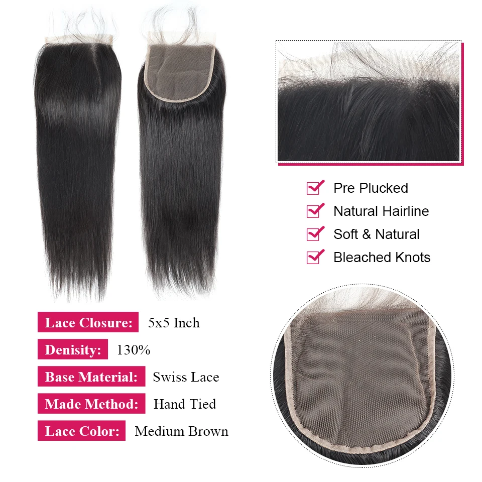 Brazilian Straight Hair Closure Free Part 5X5 Lace Closure With Baby Hair (5)