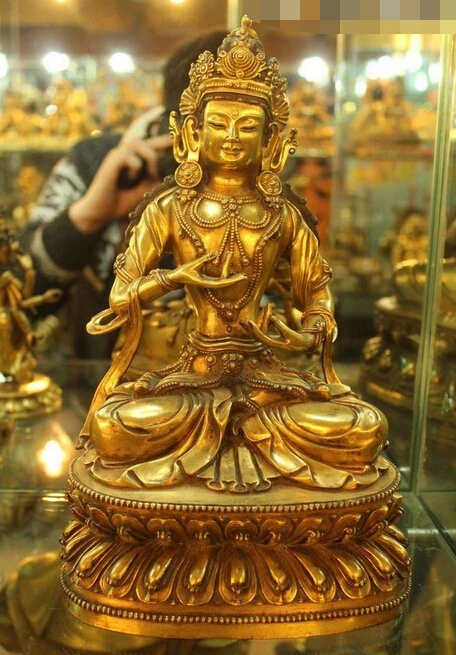 

12"Tibet Buddhism Temple Old Purple Bronze 24K Gold Sit homey Buddha Statue R0715 (B0328)