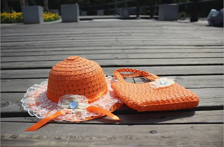 1 шт., новинка года, летняя детская шляпа для защиты от солнца, кружевная Цветочная шляпа с бриллиантами для девочек и сумка, костюм окружность головы 52 см, разноцветная - Цвет: orange hat and bag