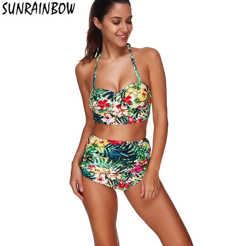 

SUNRAIINBOW 2019 New Push Up Bikini Bikinis High Waist Swimsuit Women Plus Size Swimwear Large Size Print Beach Set 3XL