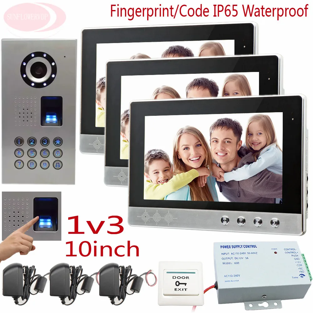 

Video Doorphone Systems Fingerprint/Code Unlock Video Door Bell 10" Screen Clear Image For 3 Apartments IP65 Waterproof Doorbell