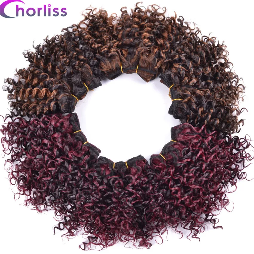 

Chorliss 8" Afro Kinky Curly Hair Weaving Synthetic Hair Extensions Ombre Burgundy Weave Crochet Hair Weft 105g/lot 3pcs/lot