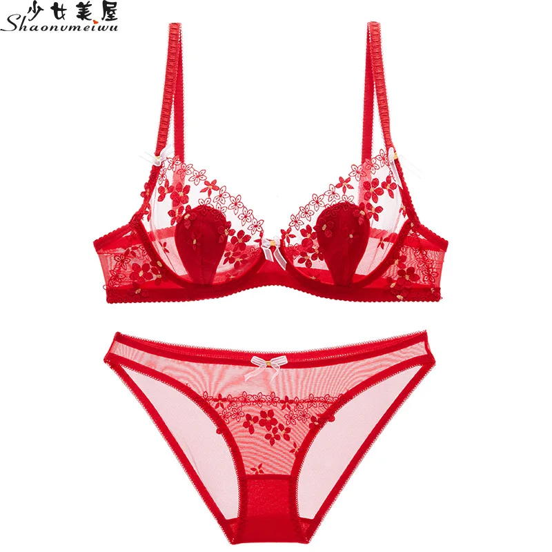 Kopen Shaonvmeiwu Ultra dunne cup transparante mesh ondergoed sexy borduurwerk beha set see through verleiding beha dunne vrouwen