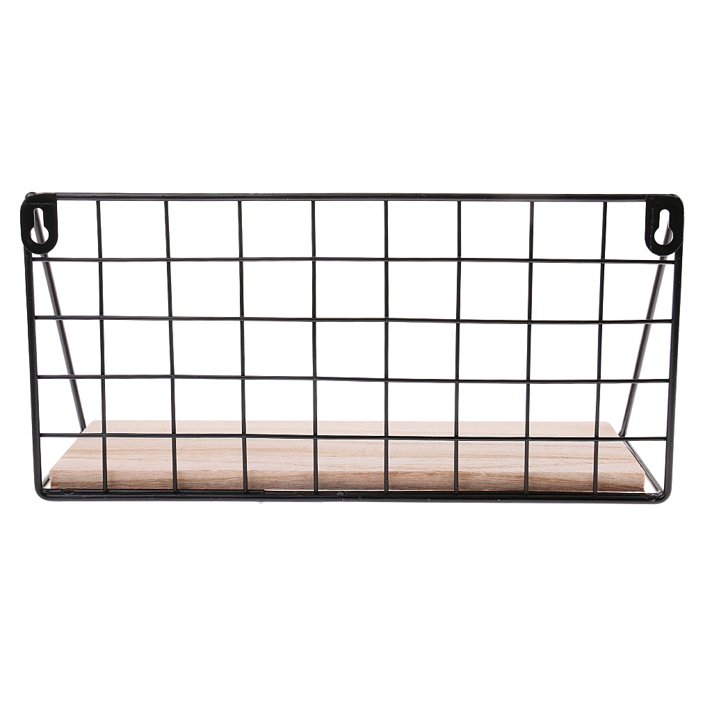 Baoblaze Metal & Wooden Wall Grid Hanging Shelf Kitchen Bathroom Decor Home Furnishing Storage Display Stand Rack Holder