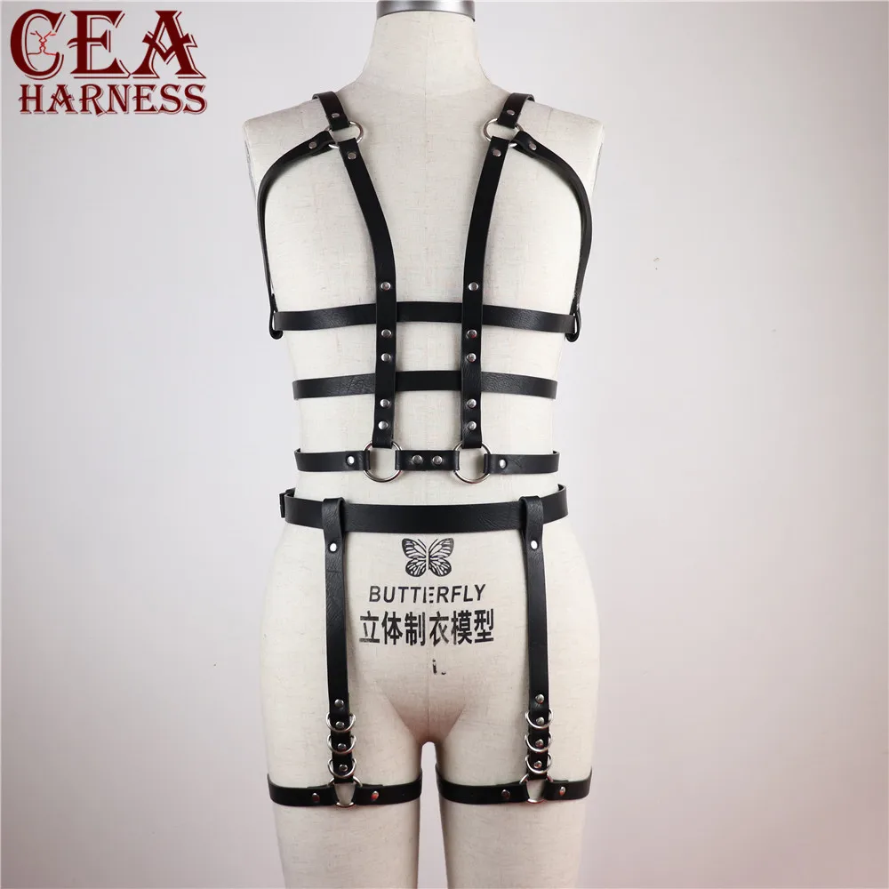 

CEA.HARNESS 2pcs Set Punk Pu Leather Harness Adjustable Belts Sexy Leather Garters Dance Body Cage Nightwear Bra Belts