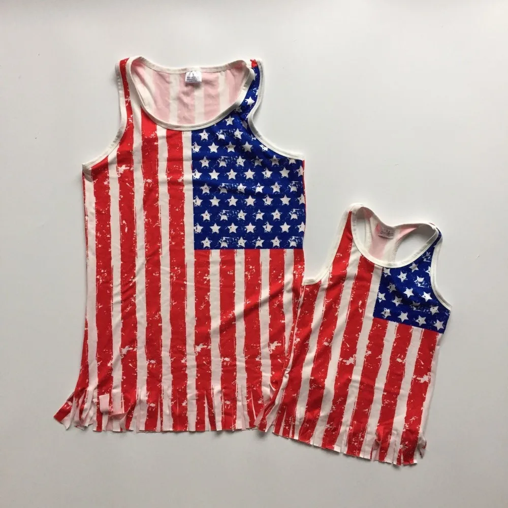 

new July 4th summer baby girls clothes navy red stripes stars cotton top shirts raglans boutique mommy & me family look Tassels