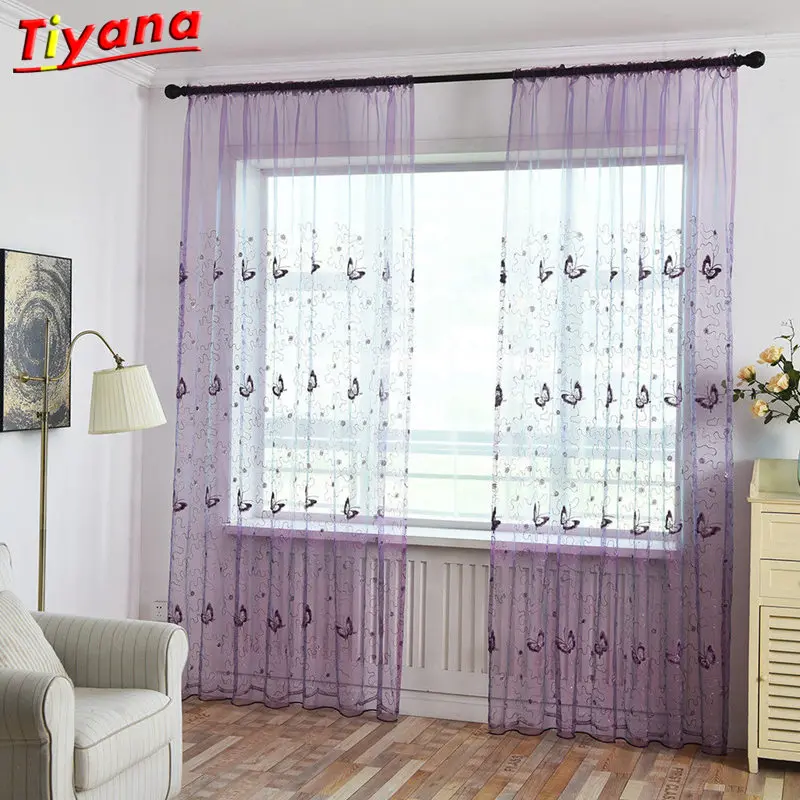 Shining Butterfly Embroidery Voile Curtains French Window Panel