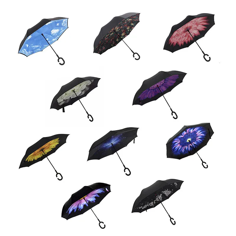 

Women Umbrella Folding Reverse Double Layer Fabric Windproof Inverted Umbrella Self Stand Fold Inside Out Rain Protection C-Hook