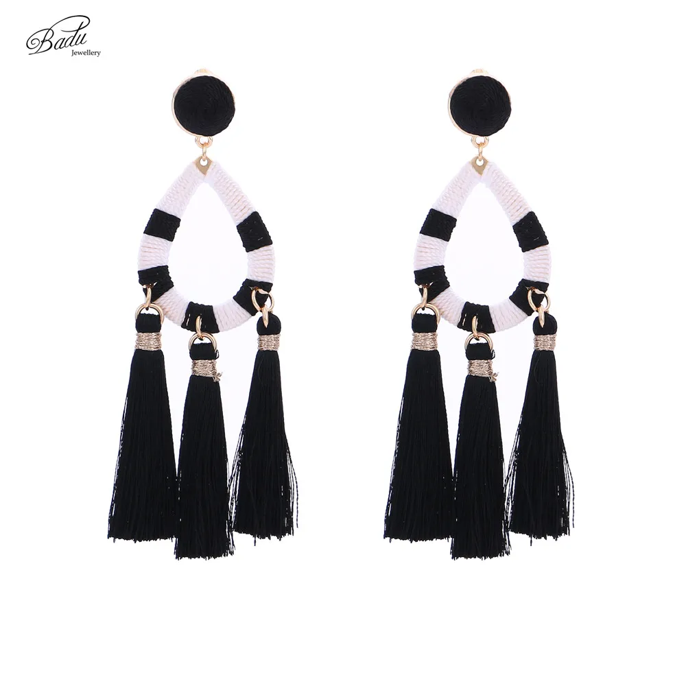Badu Black Tassel Earring Long Dangle Drop Pendant Women Vintage Black