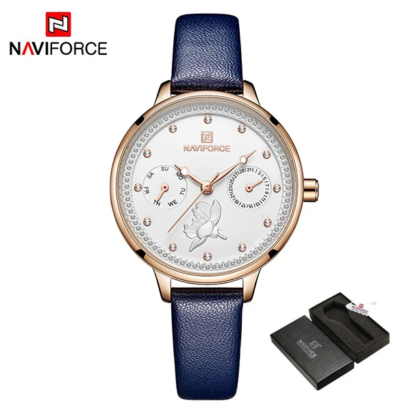 NAVIFORCE Топ бренд часы кожаные Наручные часы для женщин dames horlogs donna orologio damen uhr luxus - Цвет: Blue-Box