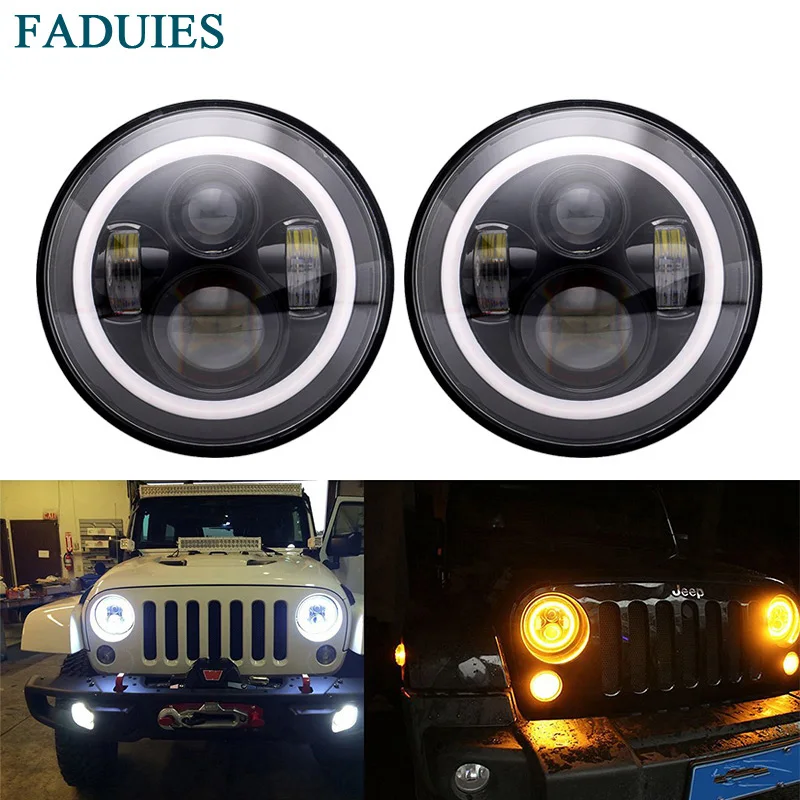 1 FADUIES Auto 7 inch LED Halo Headlight H4 High Low Beam With Angle Eye For Jeep Wrangler JK TJ Hummer Defender Lada niva 4x4 (3)