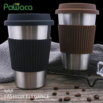 

Stainless Steel Coffee Cups with Silicone Lids Non-slip Anti-scalding Sleeves Case Drinking Tumblers Beer Water Tea Coffee Mugs