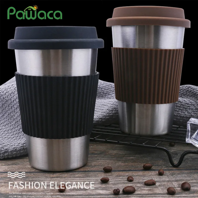 Stainless Steel Coffee Cups with Silicone Lids Non-slip Anti-scalding
Sleeves Case Drinking Tumblers Beer Water Tea Coffee Mugs