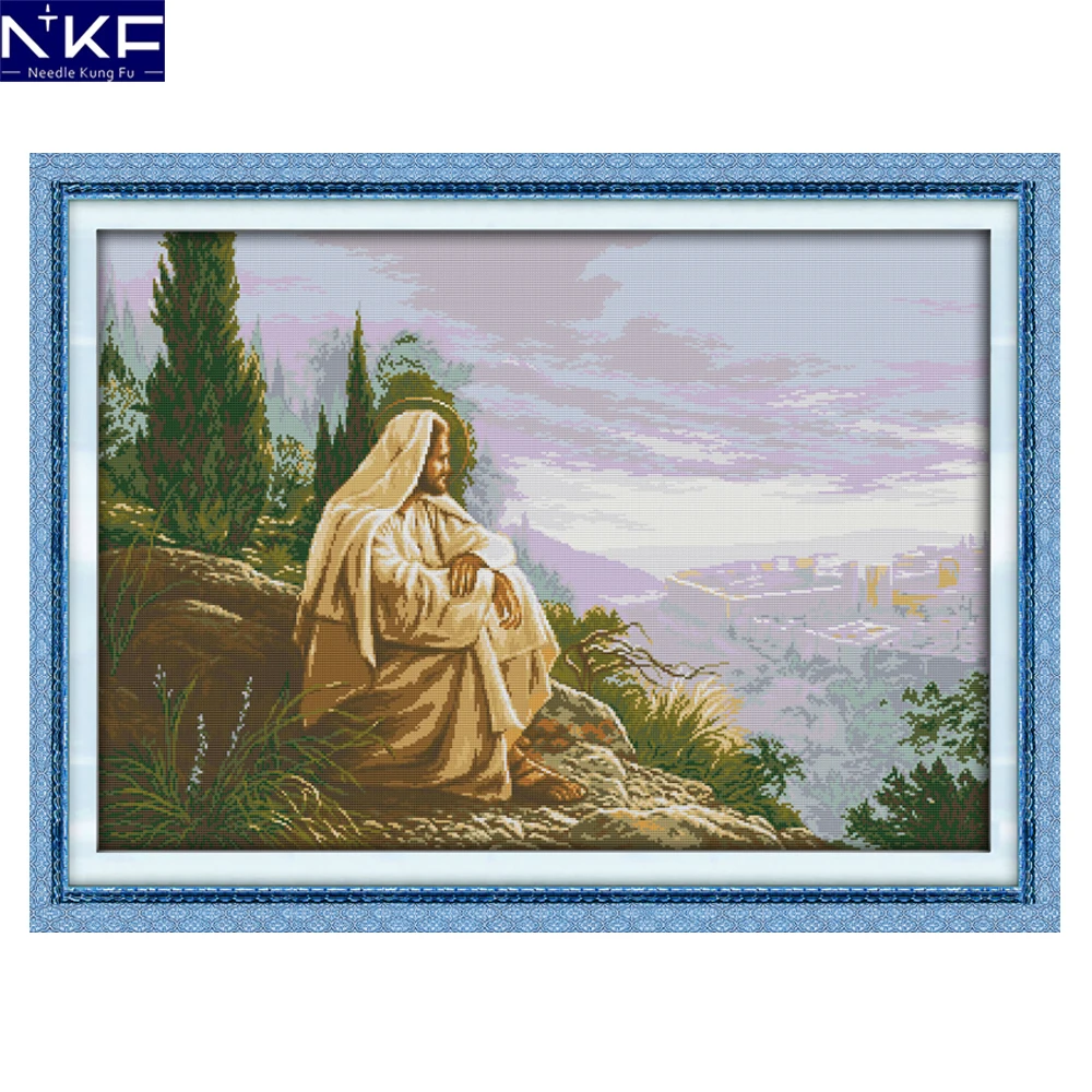 

NKF Jesus Overlook Cross Stitch Pattern Needlework Counted Cross Stitch Kit Embroidery Cross Craft Cross Stitch for Home Decor