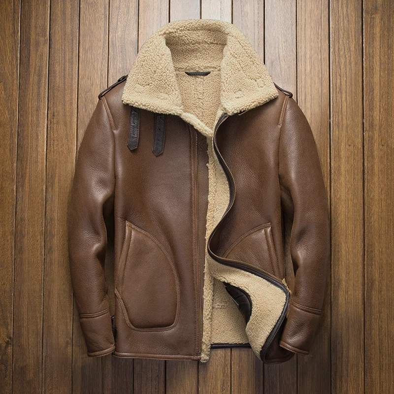 Мужская куртка из натуральной кожи, короткая куртка-бомбер из овчины, мотоциклетная куртка для мужчин, шерстяная подкладка, коричневый цвет, 4xl