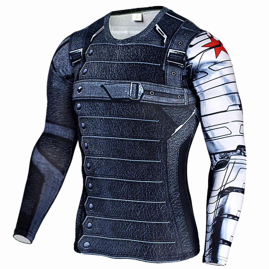 

2019 Compression Shirt Winter Soldier T-Shirt Men Lycra 3D Print Superhero Long Sleeve T Shirt Fitness Workout Bodybuilding MMA