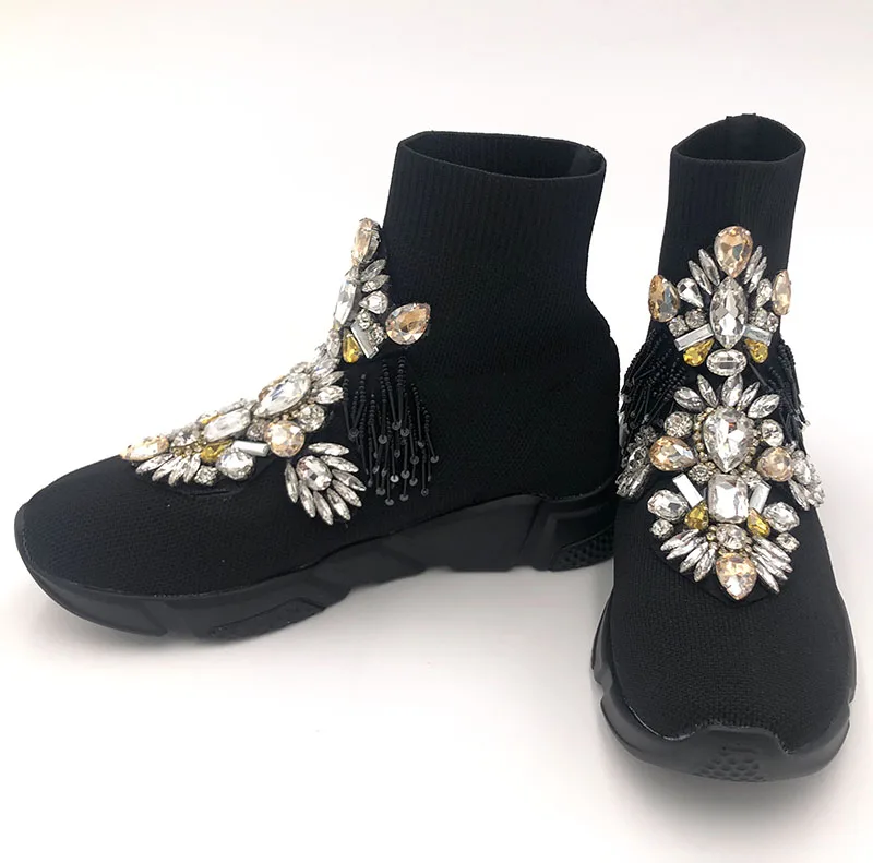 Модные кроссовки Для женщин с украшением в виде кристаллов кроссовки женский, черный Стразы кроссовки Bling зимняя обувь для девочек WK103