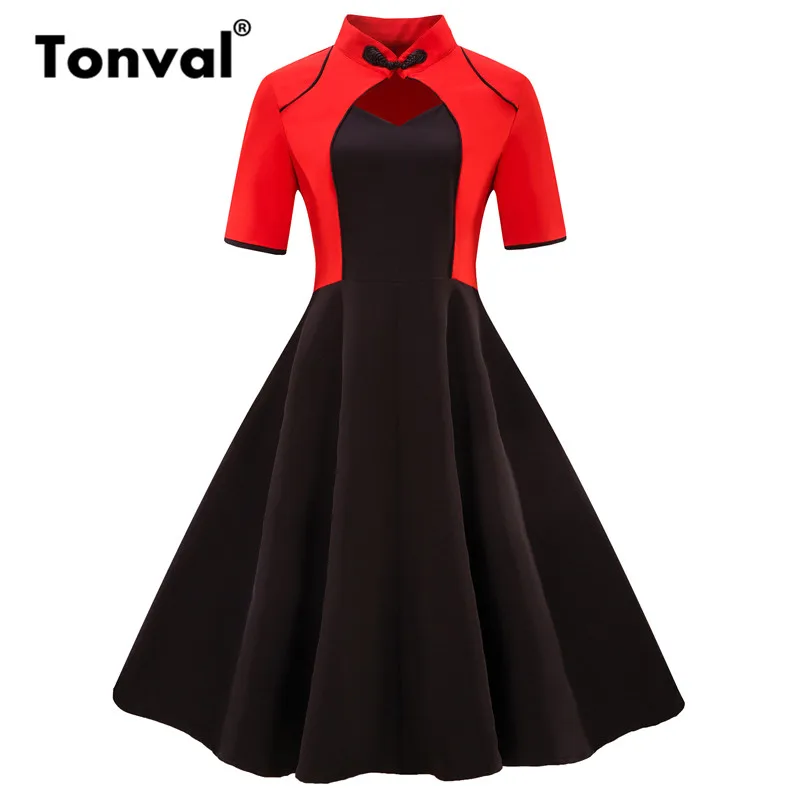 

Tonval Stand Collar Black Vintage Midi Dress Women 2018 Summer Retro Color Block Red Dresses Hollow Out Party Elegant Dress