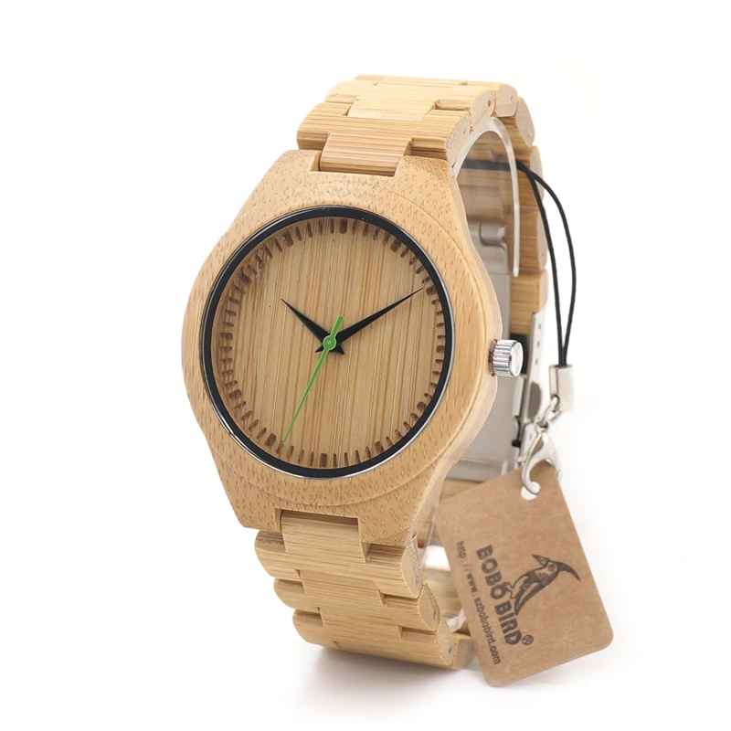 BOBO BIRD V-G26 Basic Mens Bamboo Wood Wristwatch Bamboo Face Green Second Quartz Watch with Bamboo Strap saat erkekler