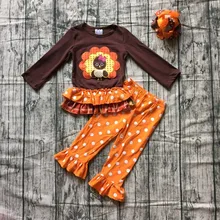 Осенний осенне-зимний костюм на День Благодарения для маленьких девочек, коричневый, оранжевый, турецкий костюм штаны в горошек Изысканная футболка с оборками, зажим, дужка
