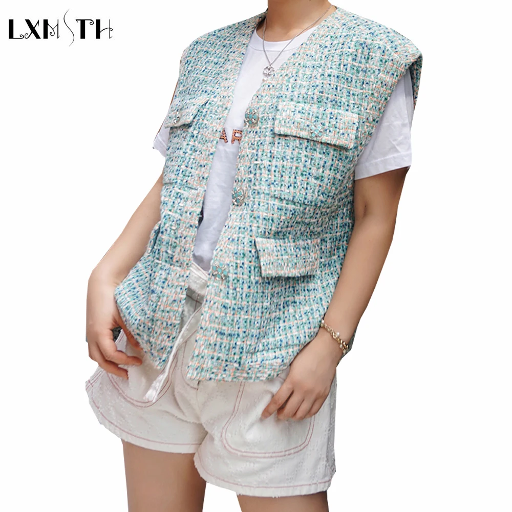 

LXMSTM Spring Fall Tweed Vest Women Fashion Heavy Beaded Runway Woolen Knitted Waistcoat Female Elegant Sleeveless Coat