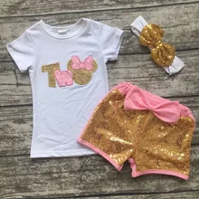 Bébé filles boutique vêtements enfants tenues Deux ans d’anniversaire vêtements filles minnie vêtements sequin shorts avec bandeau