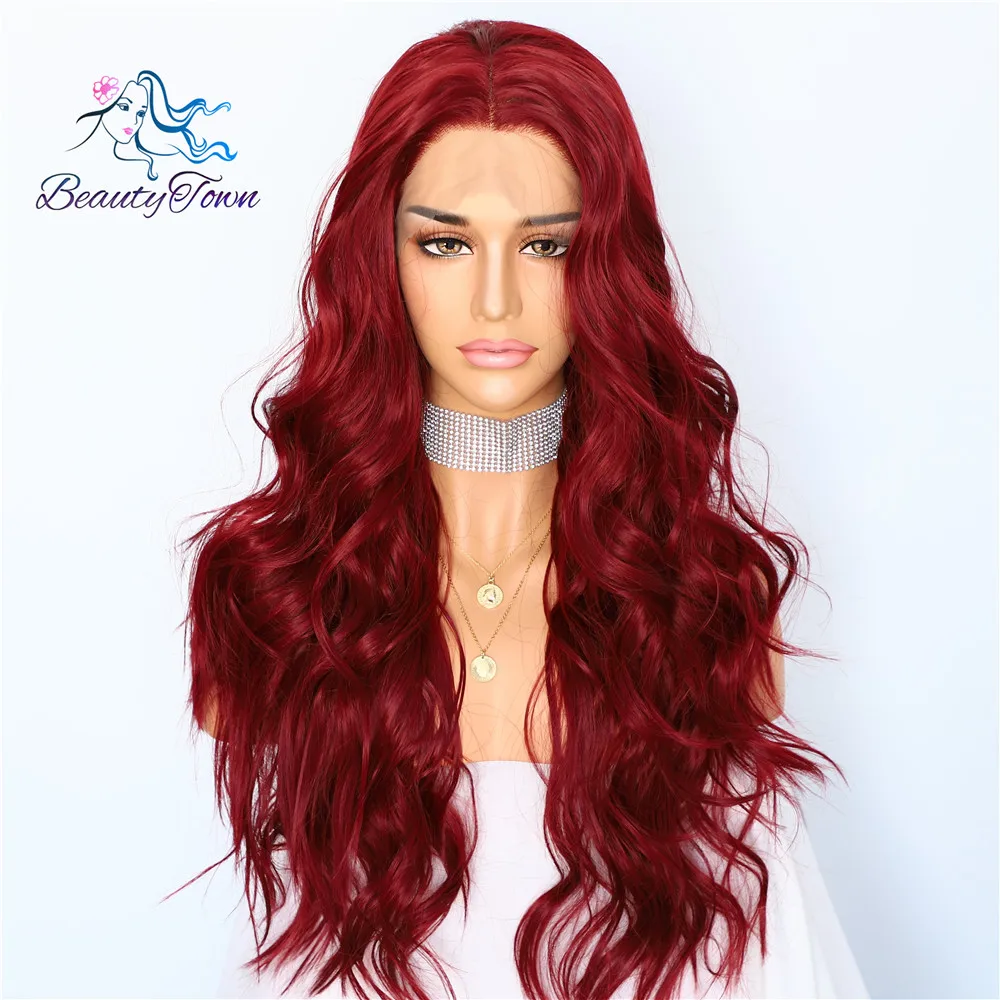 

BeautyTown Red Natural Wave Hand Tied Cosplay Women Valentine's Day present Wedding Party Daily Makeup Synthetic Lace Front Wigs