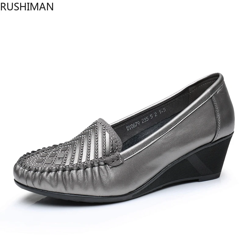 

RUSHIMAN new Spring Middle Mother Shoes Female Leather Soft Bottom Single Shoe Slope Middle Female Shoes Old Man Leisure Shoes