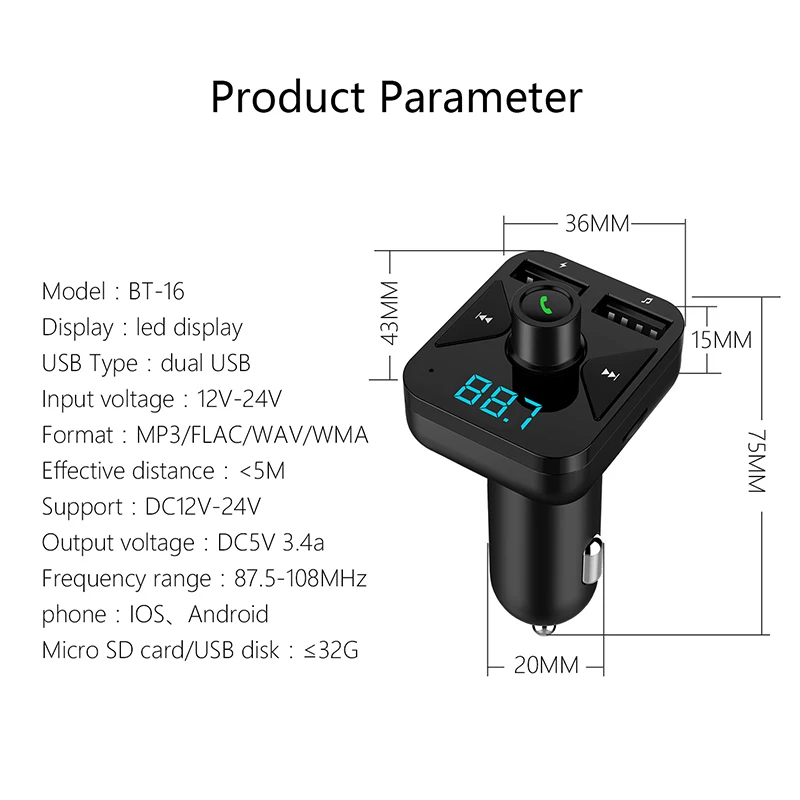 Bluetooth FM Transmitter Car MP3 Player USB Cigarette Lighter Handsfree Car Charger Radio Kit Wireless Dual USB Auto Accessories