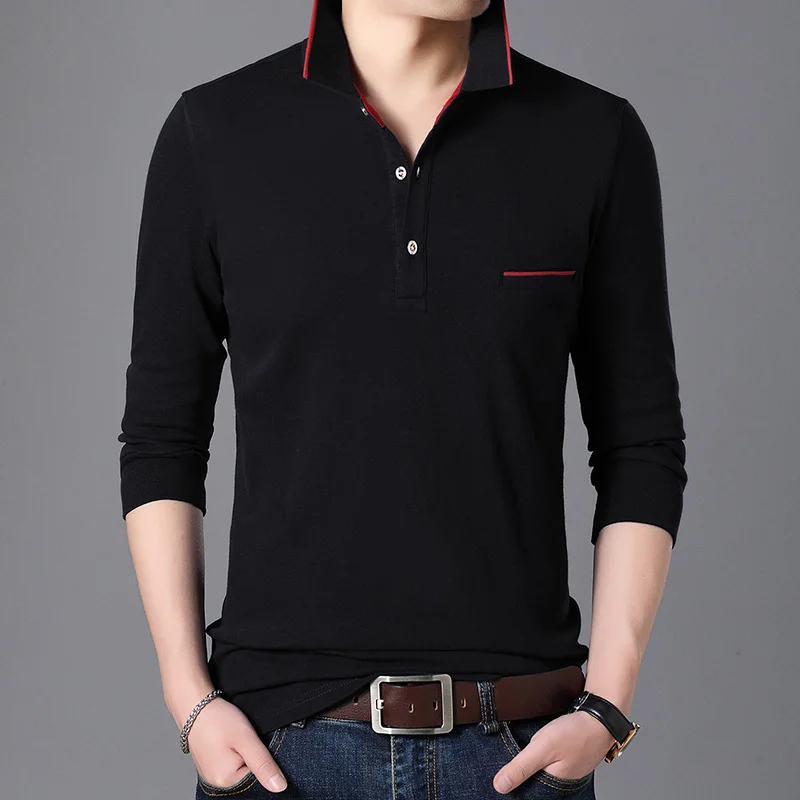 Новинка, модная брендовая рубашка поло, мужская хлопковая приталенная Корейская уличная рубашка с длинным рукавом и воротником, повседневная мужская одежда - Цвет: Черный
