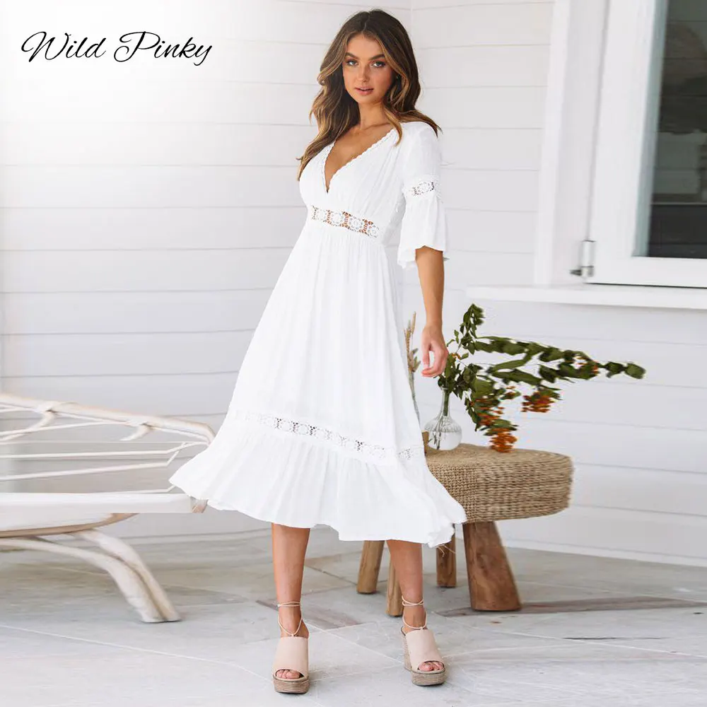 WildPinky New White Lace Up Long Sexy Dress Women Summer V-neck Hollow Out Party Bohemian Dress Casual Feminino Dresses Vestidos