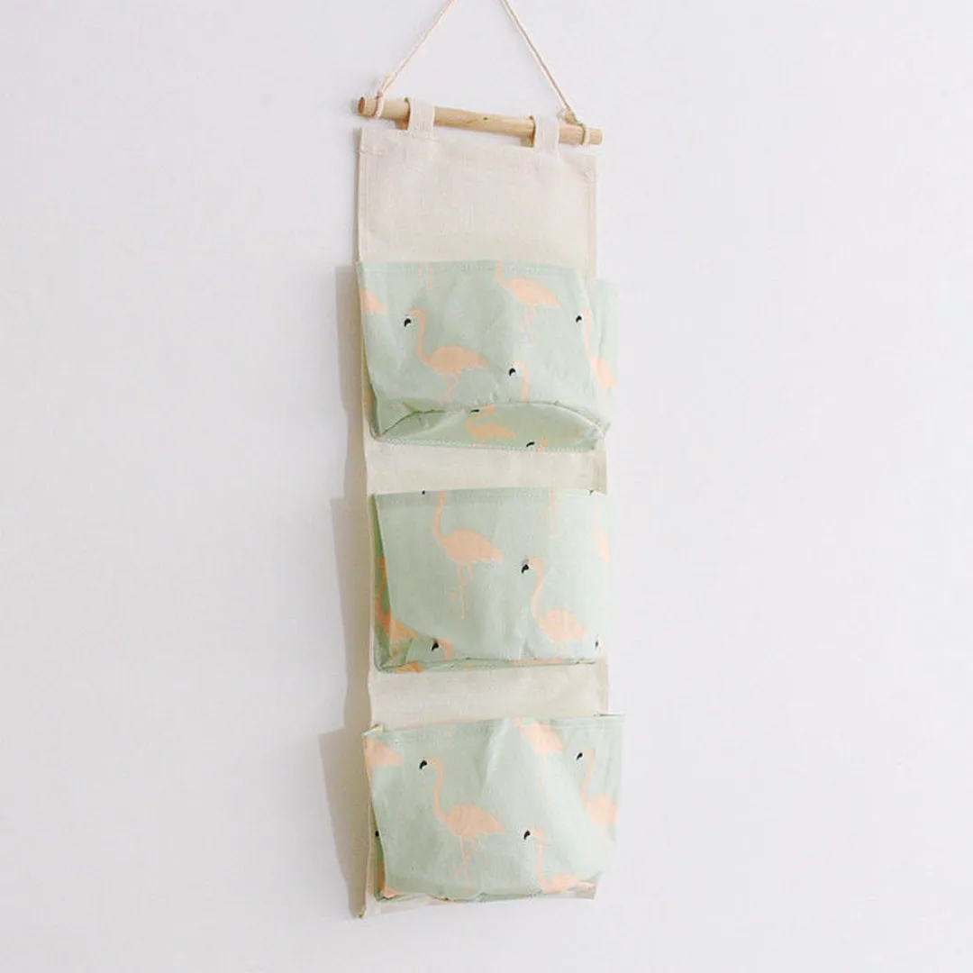 JX-LCLYL Linen 3 Layer Flamingo Storage Bag Wardrobe Hanging Bag Wall Toys Pouch Organize